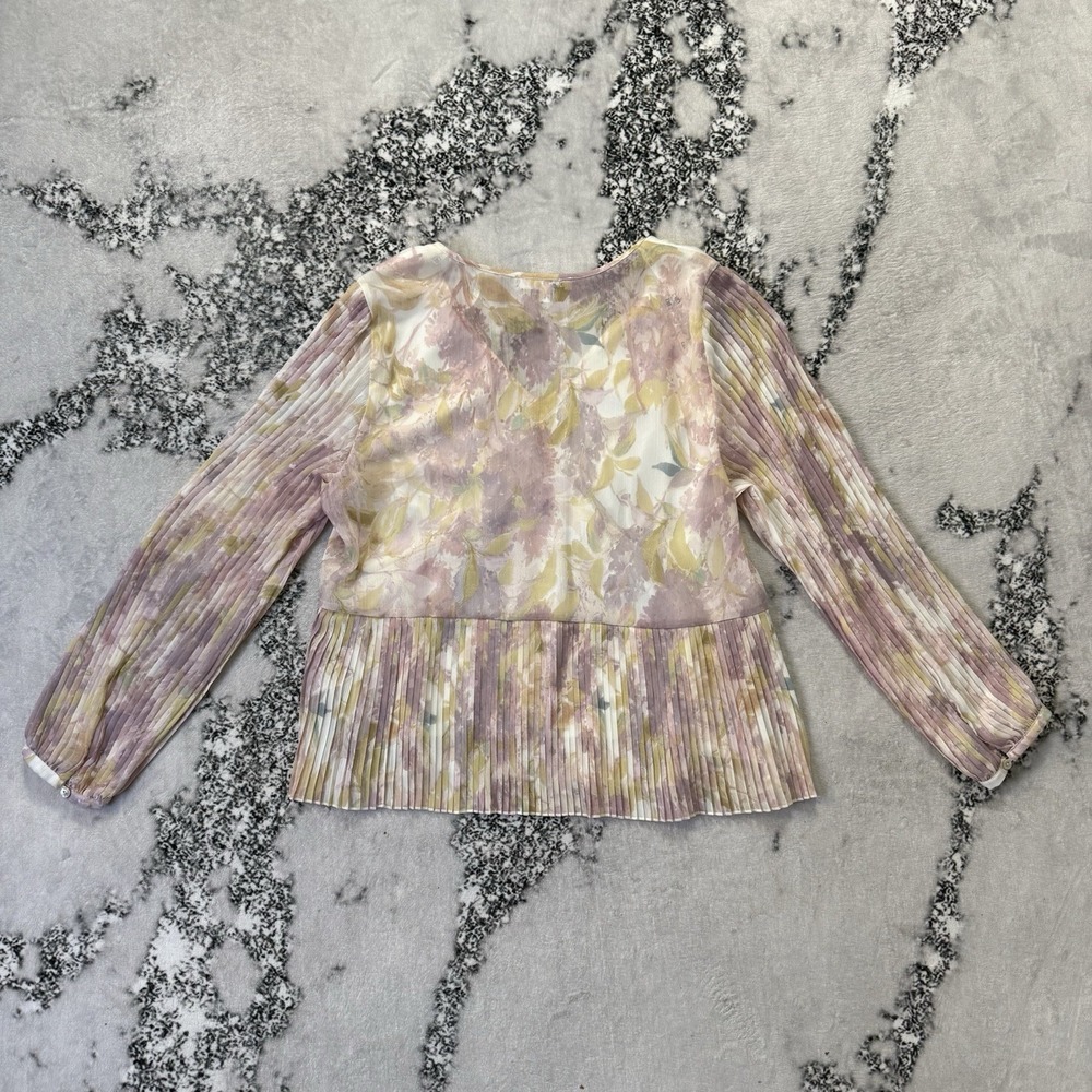 DR2 Blouse Womens Size L Multicolor Foral Watercolor Print‎ V Neck Pleated Top - Picture 2 of 8